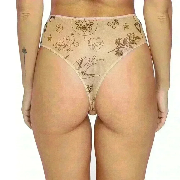 High Waisted Thong Underwear Tattoo Print Mesh Alnair  by Less Is Amor - Picture 2 of 3